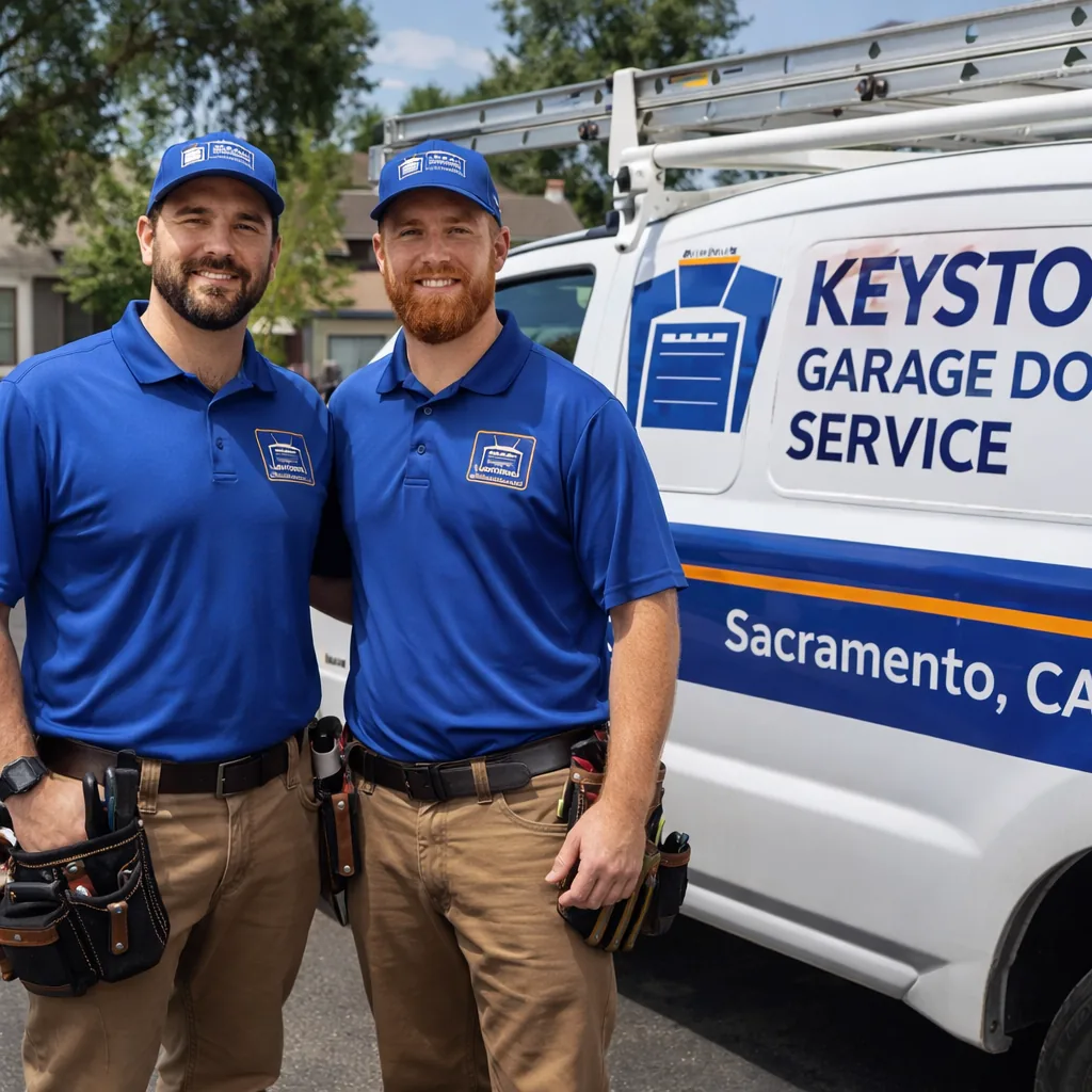 Two Keystone Garage Door Service technicians in branded uniforms standing beside their service truck, ready for a residential call.